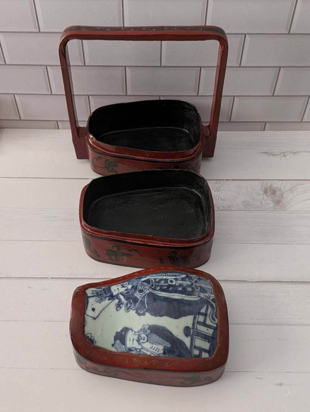 Antique Chinese Wedding Basket, Chinese lunchbox, Porcelain Plaque Insert - Picture 12 of 12